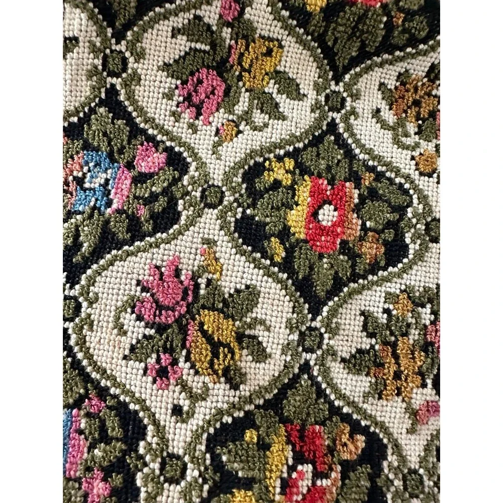 Vintage Floral Needlepoint Embroidered Suede Leather Lining Messenger Bag